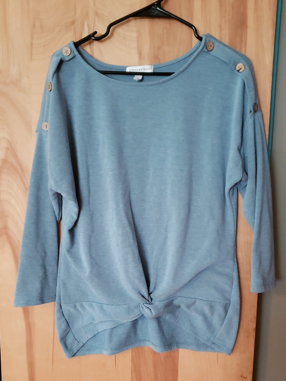 Light Teal Blue Long Sleeve Blouse  Button-Shoulder ,knot Tie Look